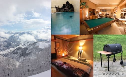 合宿に！スキーイン、スタジオ、業務用キッチン、薪ストーブ、ビリヤード、一頭貸温泉付ホテル　＾